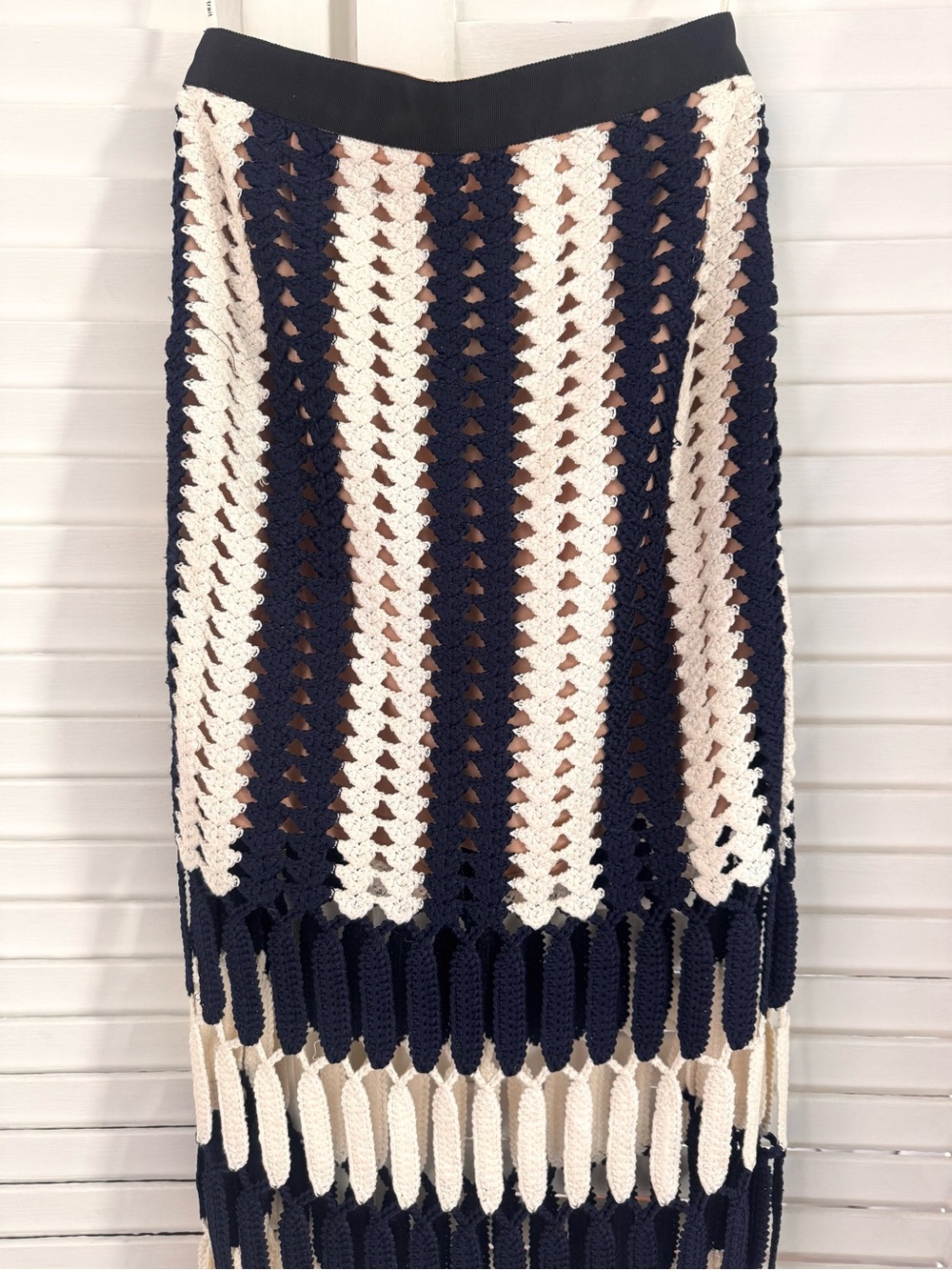 Self-Portrait Striped Crochet Knit Midi Skirt - Navy & White - Picture 5 of 8